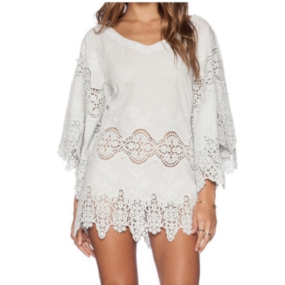 Eberjey White Cottagecore Coquette Crochet Semi-Sheer Tunic Top Women's …